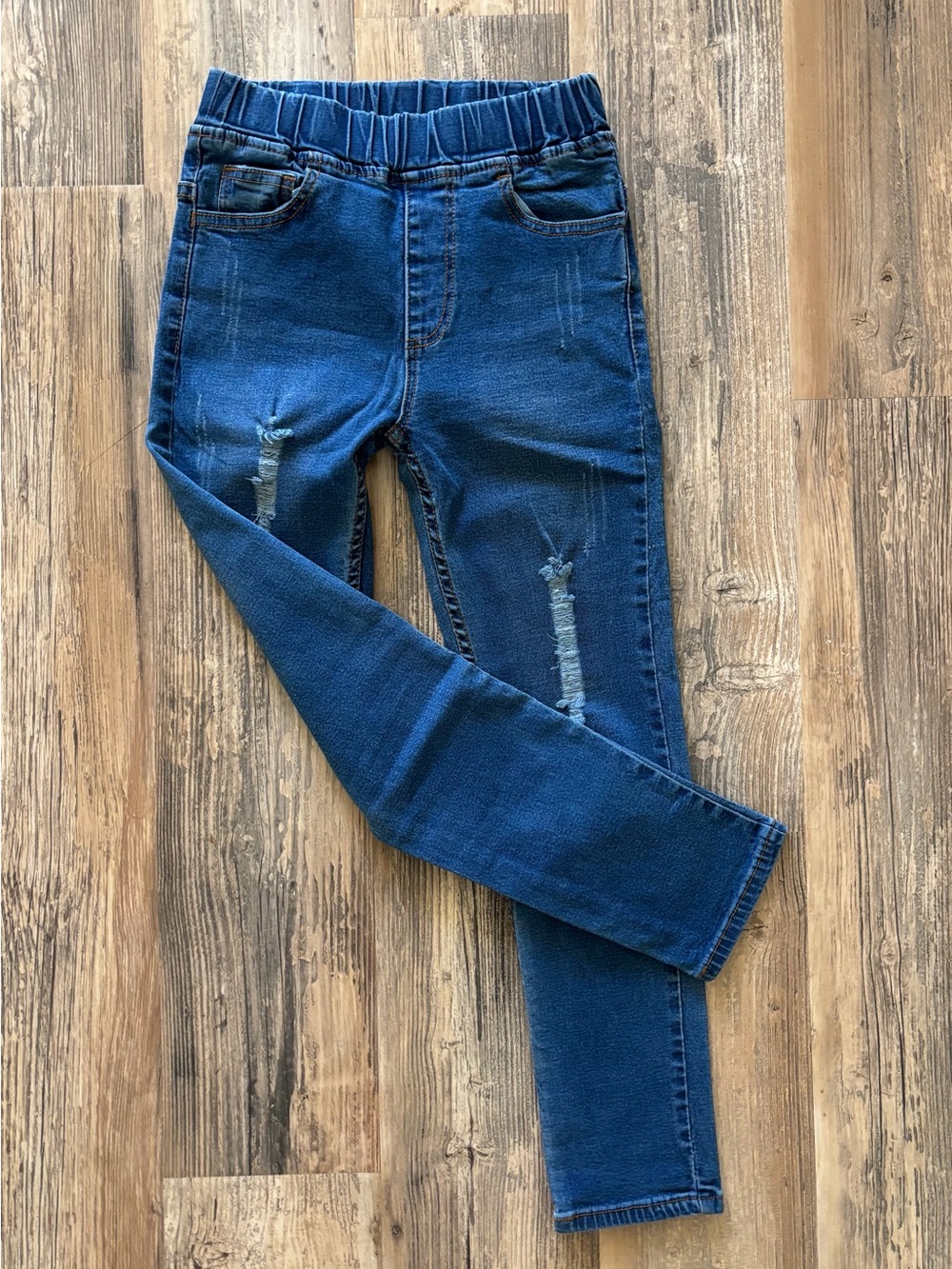 Dark Blue Stretch Denim Jeggings with Knee Distress